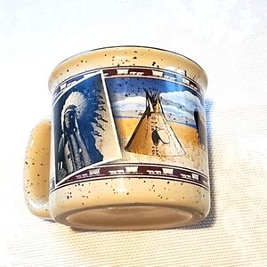Oklahoma coffee cup with buffalo, Conestoga wagon, and an Indian chief. VGC.